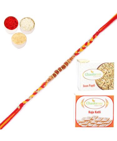 Ghasitaram Gifts Rakhi for Brother Rakhis Online - LD-5215 Rudraksh Rakhi with 200 GMS of Kaju katli and 200 GMS of Soan Papdi Rakhi with 200 GMS of Kaju katli and Soan Papdi