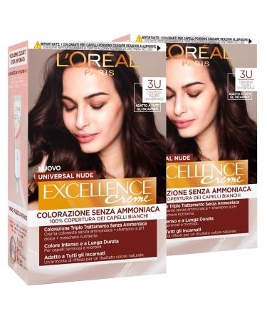 2 x L'Or al Paris Excellence Creme Universal Nude Permanent Dark Brown 3U triple treated 2 colours