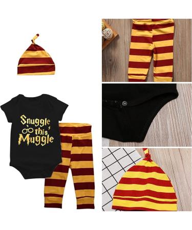 Baby Boys Girls Snuggle This Muggle Bodysuit Set 6-9 Months | Black Short Sleeve Outfit with Striped Pants & Hat - Buy Online on GoSupps.com