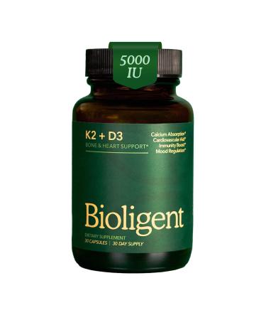 BIOLIGENT Vitamin D3 K2 Supplement 5000 IU, K2 D3 Vitamin Capsules, Vegan, Non-GMO, Gluten Free, 30 Capsules, 30 Day Supply
