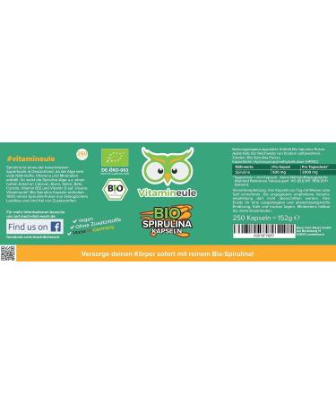 Bio Spirulina Capsules 500mg - Organic Certified High-Dose Vegan Supplement from Germany - 250 Additive-Free Capsules | Vitamine le  - Buy Online on GoSupps.com