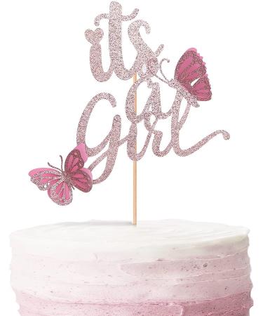 New Double Sided Rose Gold It's A Girl with Butterfly Cake Topper Baby Shower Cake Topper with 3d Handmade Butterfly for Baby Girl Baby Shower Party Decorations(double sided glitter) Pink