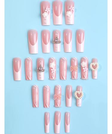 24pcs Bow Floral Long Square Coffin Fake Nail Heart Bow 3D Press on Nails Valentine Day Floral Nails Luxurious Nails Acrylic Nails Fake Nails For Women Girls - Buy Online on GoSupps.com
