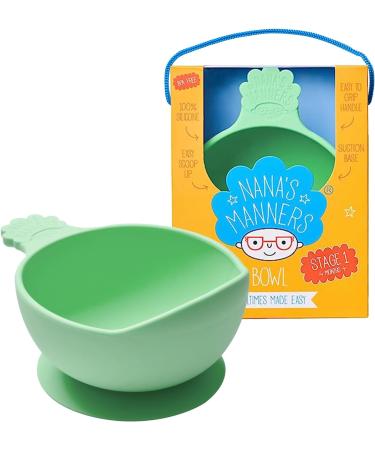 Nana's Manners Green Silicone Suction Bowl for Babies | Stage 1 (4+ Months) | Scoop Lip Handle & Suction Pad with Pull-tab | BPA-Free - Buy Online on GoSupps.com