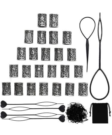 24 PCS Viking Hair Beads Beard Hair Beard Beads 6 PCS Pull Hair Pin Quick Beader 100 PCS Black Rubber Bands and a Bag