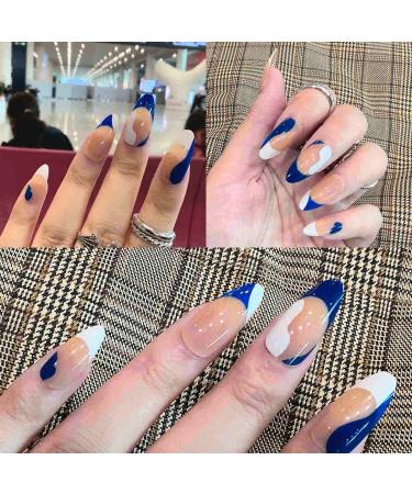 Sankki Almond French Tip Press on Nails - 24Pcs Blue White Abstract Design | Medium Length Nude False Nails for Women and Girls - Buy Online on GoSupps.com