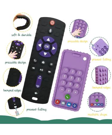2 Pack TV Remote & Mobile Phone Teething Toys for Babies 6-24 Months - BPA Free Silicone Chew Toy Set for Boys & Girls - Soothe Gums & Provide Relief - Black+Purple - Buy Online on GoSupps.com