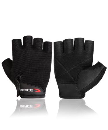 BEACE Weight Lifting Gym Gloves with Anti-Slip Leather Palm for Workout Exercise Training Fitness and Bodybuilding for Men & Women Black Large