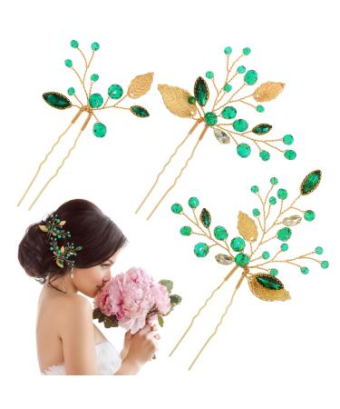 Lusofie 3Pcs Bridal Hair Pins Emerald Green Rhinestone Hair Pins Gold Flower Leaves Wedding Hair Piece Hair Accessories for Women Girls(3.54In)