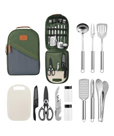 Extremus Camp Kitchen Cooking Utensil Set 13/27 Pcs Cookware Kit - Portable Outdoor Cooking and Grilling Utensil Organizer Travel Set for Backpacking BBQ Camping Travel Camping Accessories Green