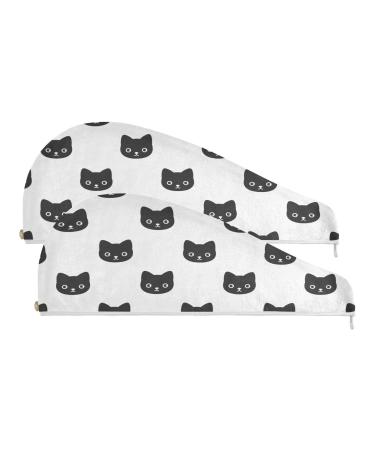 Black Cat Dry Hair Cap 2 Piece Quick Drying Towel Set with Button Headband Super Absorbent Soft & Comfortable