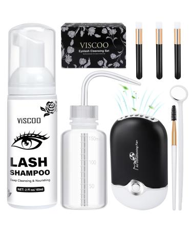 Eyelash Shampoo for Eyelash Extension Kit Eyelash Extension Cleanser with USB Lash Fan 150ml Wash Bottle 60ml Clean Mousse Mascara Brush Cleansing Brushes Lash Shampoo for Salon Use (Black)