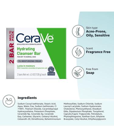 CeraVe Hydrating Cleanser Bar 2-Pack | Soap-Free Body and Facial Cleanser with 5% CeraVe Moisturizing Cream | Fragrance-Free | 4.5 oz x 2 - Buy Online on GoSupps.com