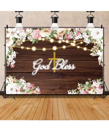 DORCEV 10x6.5ft Baby Shower God Bless Backdrop Brown Wood Planks Spring Floral Newborn Baby Kids Christening Photo Background Gold Glitters Decor Baptism Banner First Holy Communion Party Supplies - Buy Online on GoSupps.com