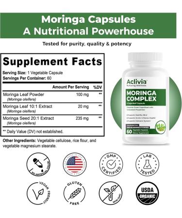 Aclivia - Moringa Complex - Maximum Strength Moringa Oleifera Leaf & Seed Supplement - Superfood Capsules with Antioxidant Properties - 5000mg - 60 Capsules - Buy Online on GoSupps.com