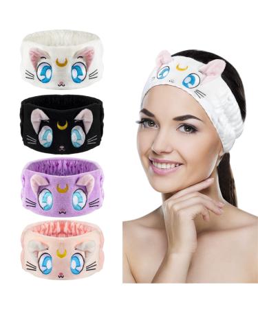 DAANAH 4PCS Sailor Moon Makeup Spa Headband Cute Cat Face Wash Headband for Women