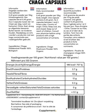 Cupplement | Chaga Capsules 60 pieces | Organic | 450 mg per capsule of the highest quality | 2 capsules per day | mushroom - Buy Online on GoSupps.com