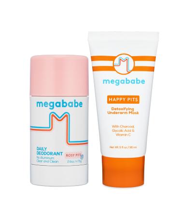 Megababe Underarm 2-Piece Bundle - Rosy Pits Daily Deodorant 2.6 oz & Happy Pits Underarm Mask 3 fl oz | Odor Protection Aluminum Free