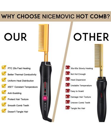 NICEMOVIC Ceramic Hot Comb Electric Heating Comb - Hair Straightener and Curling Brush for Natural Black Hair, Beard, and Wigs - Gold - Buy Online on GoSupps.com