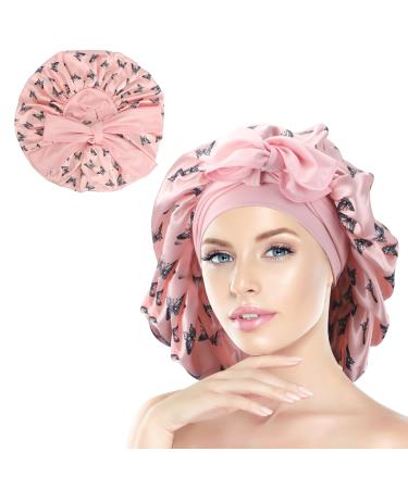 Arqumi Satin Sleeping Bonnet Adjustable Large Satin Sleep Cap Hair Bonnet Butterfly Pattern Pink L - Buy Online on GoSupps.com