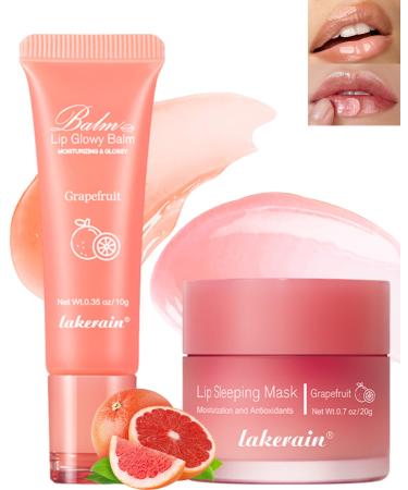 LYSdefeu Moisturising Lip Balm & Lip Mask Set Hydrating Lip Glowy Balm and Lip Sleeping Mask Lip Treatment Lip Care for Whitening Lip Wrinkles Gift Set for Women Grapefruit Set 03 #Grapefruit