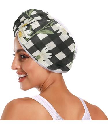Daisy Flower Black White Plaid Hair Towel 2 Pack | Super Absorbent Quick Dry Hair Turbans for Women & Girls - Buy Online on GoSupps.com