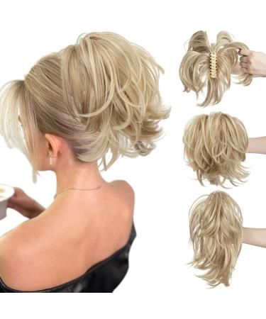 CJL HAIR Claw Clip Short Ponytail Hair Extensions Bendable Metals Messy Bun Hair piece Wavy Curly Fake Hairpieces (Dirty Blonde Straight) Dirty Blonde Straight