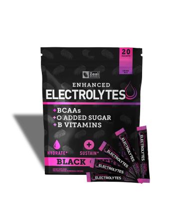 Enhanced Electrolyte Powder Stick Packs (Black Cherry | 20 Packets) w/ 0 Sugar +BCAAs +B-Vitamins Electrolyte Supplement w Potassium Zinc & Magnesium for Hydration - Keto Electrolytes
