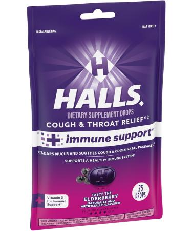 HALLS Cough and Throat Relief + Immune Support Elderberry Flavor Cough Drops 25 Drops - Buy Online on GoSupps.com