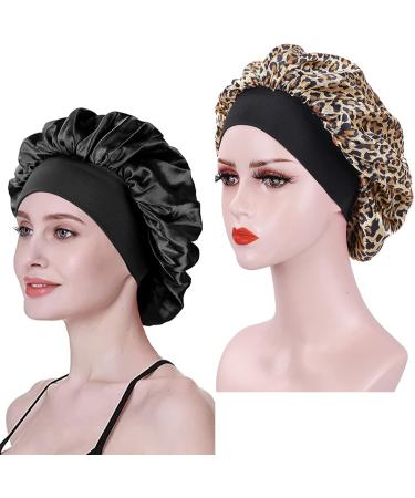 AliLeader 2Pcs Silk Hair Bonnet for Sleeping - Black+Leopard | Soft Satin Sleep Cap for Curly Hair - Buy Online on GoSupps.com