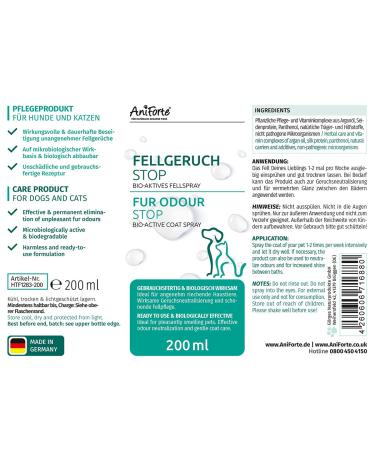 Aniforte Fur Smell Stop Spray 200ml - Natural Odor Neutralizer for Dogs & Cats - Eliminate Unpleasant Pet Odors - Ideal for Long & Short Hair - Buy Online on GoSupps.com