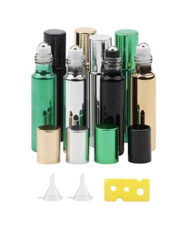 JIUWU 8pcs 10ml 1/3 Oz Essential Oils Stainless Steel Roller-on Ball Bottles Black Refillable Perfume Organic Beauty Vials with 2pcs Droppers + 1 Opener (4 Colors)