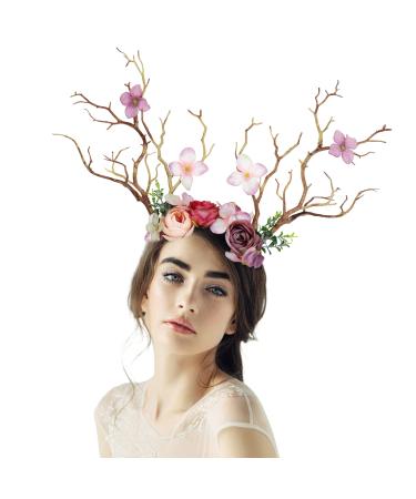 FRESHME Fairy Flower Antlers Crown - Floral Branches Reindeer Flower Headband Handmade Pink Forest Tree Wreath Hair Accessory Wedding Headpiece for Women Girls Renaissance Cosplay Costume Decorations