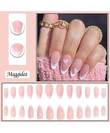 False Nails Medium Length Almond Pink French Stick on Nails - 24pcs with Glue | Elegant Ballet Heart Design | Sweet Fake Nails for Women Girls DIY - French Love - Buy Online on GoSupps.com