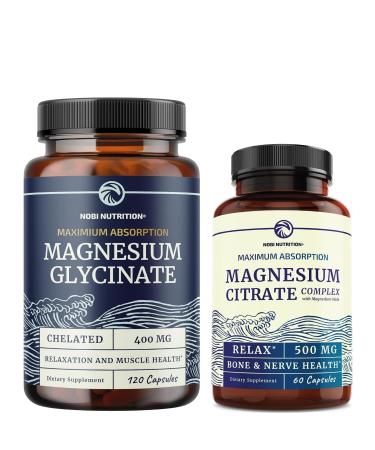 Magnesium Glycinate 400mg (120ct) & Magnesium Citrate 500 MG (60ct) | High Absorption Calm Relaxation Digestion & Muscle Support | Non-GMO Vitamin and Mineral Bundle