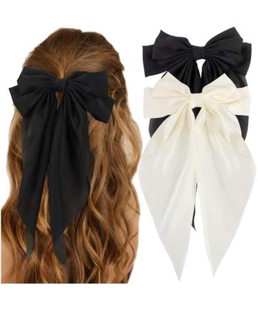 Hair Clips with Long Satin Soft Satin Hair Clip French Butterfly Bow Clip Big Bow Hairpin Silky Hair Bows for Women Black/Beige