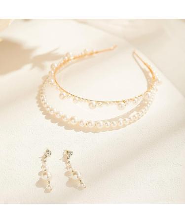 AW BRIDAL Double Row Pearl Headband and Earrings Set - Gold Wedding Hair Accessories for Brides - Buy Online on GoSupps.com