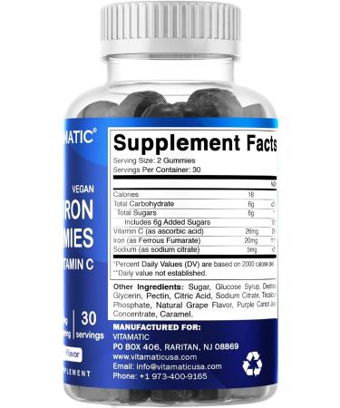 Vitamatic Iron Gummies Supplement - 60 Vegan Gummies with Vitamin C - 20mg Serving - Iron Gummy Vitamins for Women & Men - 60 Count - Buy Online on GoSupps.com