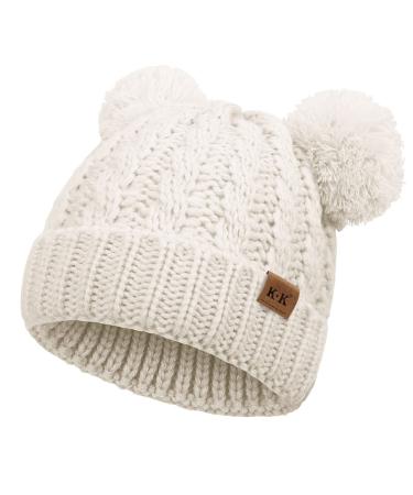 Baby Girls Bobble Hat - Toddler Winter Beanie Hats Kids Warm Knitted Beanies Double Pom Pom Hats Bonnet Cap for Children Boys Girls 1-6Y One Size White