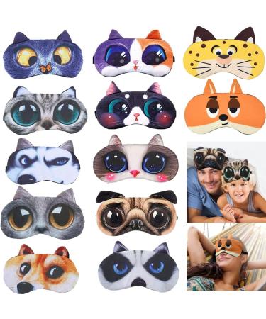 12 Pack Cute Animal Funny Sleep Eye Mask for Sleeping Cat Dog Soft Plush Blindfold Sleep Masks Eye Cover Eyeshade for Kids Girls Men Women Plane Travel Nap Night Sleeping