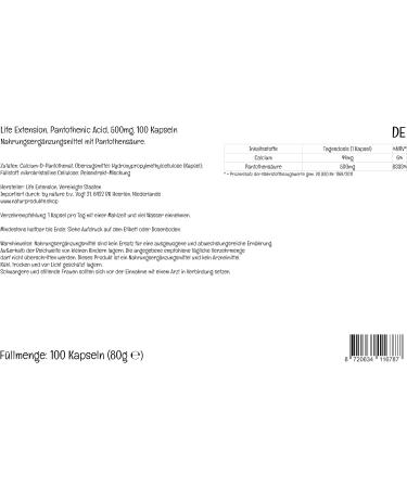 Life Extension Pantothenic Acid 500mg - High Dose Vitamin B5 - 100 Vegan Capsules - Lab Tested - Gluten Free, Vegetarian, Soya Free, GMO Free - Buy Online on GoSupps.com