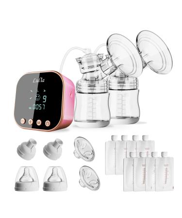 Double Electric Milk Pump 3 Modes and 9 Levels Mechanical Buttons Flanges in 2 Sizes with Milk Storage Bag and Adapter Rechargeable Nursing Pumps for Home and Travel LU-01-A-1
