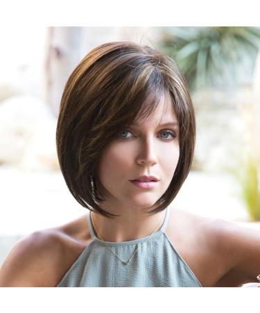 YYHR Short Brown Bob Wig with Bangs Mixed Blonde Highlight Wigs for Women Straight Short Hair Wig Side Parting Natural Synthetic Wigs (8 Inch)