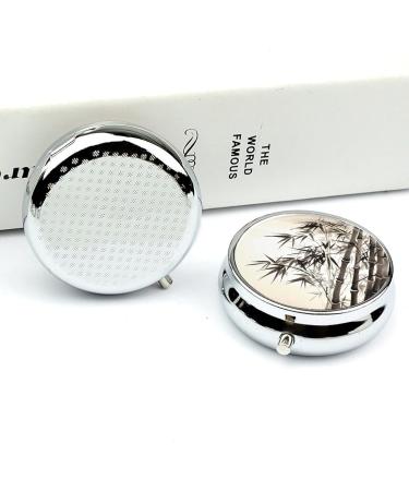 Round Bamboo Pill Box with Chinese Calligraphy - 3 Compartment Portable Organizer | Decorative Metal Pocket Pill Case - Buy Online on GoSupps.com