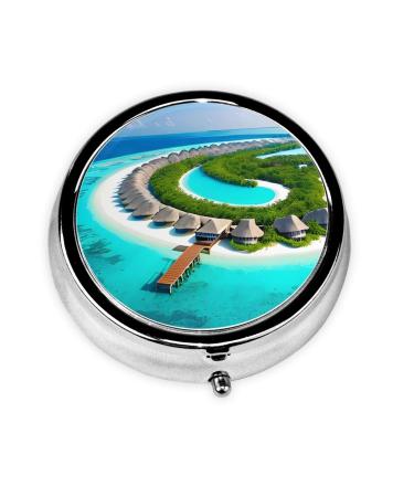 Maldives Sceneryround Pill Box 3 Compartment Round Pill Box Organizer # Portable Travel Pill Box for Traveling.