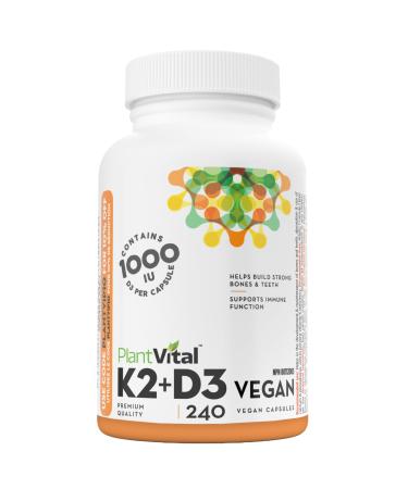 PlantVital High-Potency Vegan Vitamin D3 + K2 - (1000IU / 25 mcg + 120 mcg) for Bones Teeth Good Health and Immune System - Patented MK7 Form - K2 D3 vitamin - 8 Months Supply - 240 Capsules. 240 count (Pack of 1)