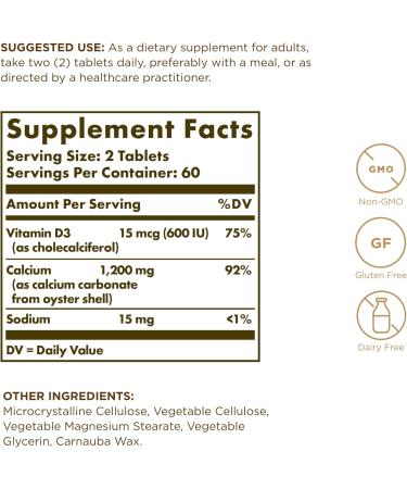 Solgar Calcium 600 120 Tablets Pack of 2 with Vitamin D3 | Non-GMO, Gluten-Free, Dairy-Free | Oyster Shell Sourced | 120 Total Servings - Buy Online on GoSupps.com