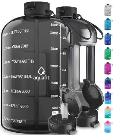 AQUAFIT 1 Gallon Water Bottle With Times To Drink - 128 oz Water Bottle With Straw - Motivational Water Bottle - Large Water Bottle - Sports Water Bottle With Time Marker - Gym Water Jug 1 Gallon Motivational & Time Markers Black Gray