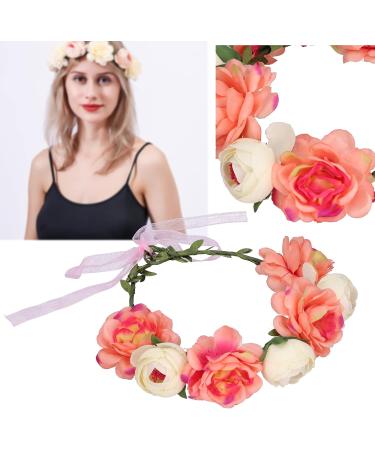 Floral Crown Wedding Bride Boho Flower Wreath Headband Garland Crown Floral Headpiece Halo with Adjustable Ribbon for Festival Party Headpiece(Coral Beige) - Buy Online on GoSupps.com