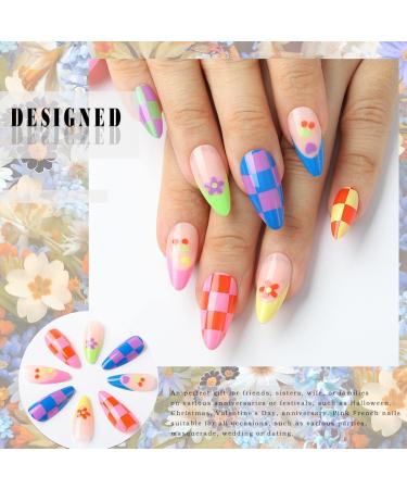 Medium Almond French Tip Uranian Press on Nails - Red Blue False Nails with Cute Lattice Flower Designs - 24pcs Full Cover Glue On Nails (Style J) - Buy Online on GoSupps.com